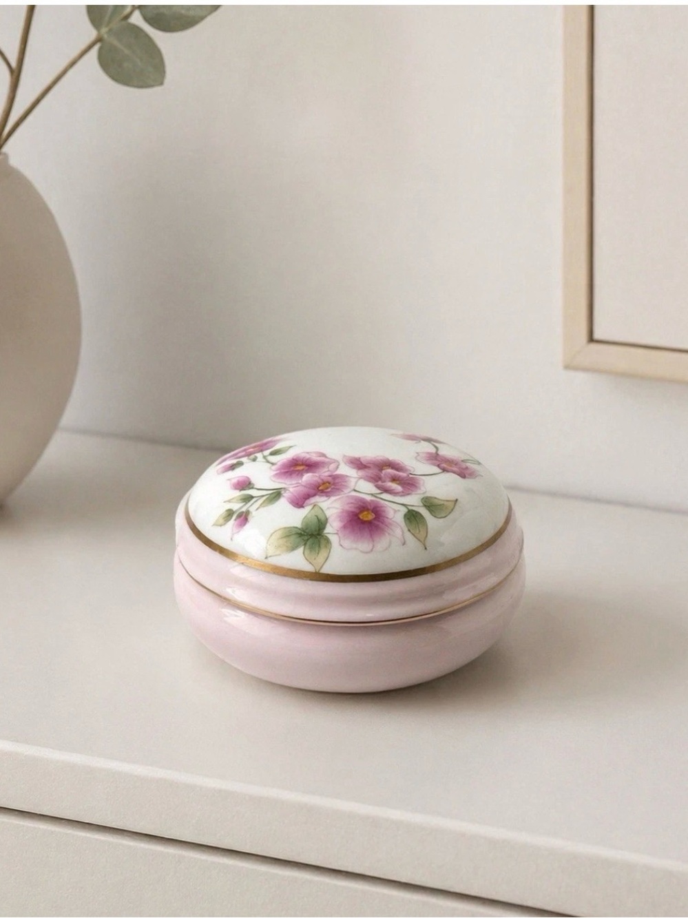 Handpainted Vtg Trinket Box Signed Floral Top Gold Trim Pink Cherry Blossom